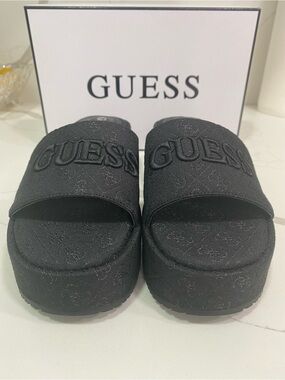 GUESS Black Embossed Logo Platform Slide Sandals